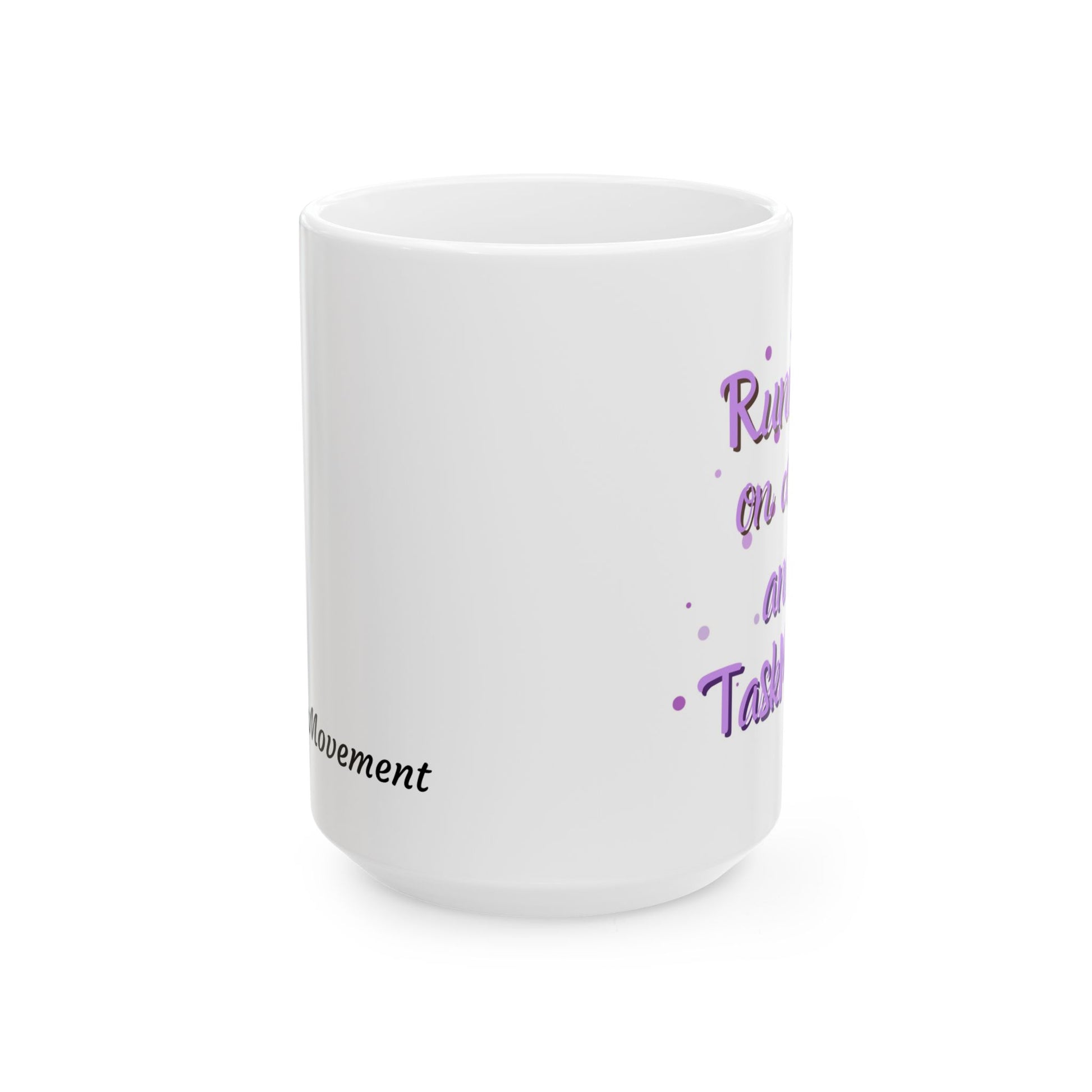 White mug with purple text on a white background