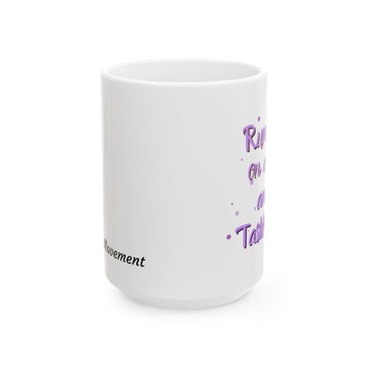 White mug with purple text on a white background