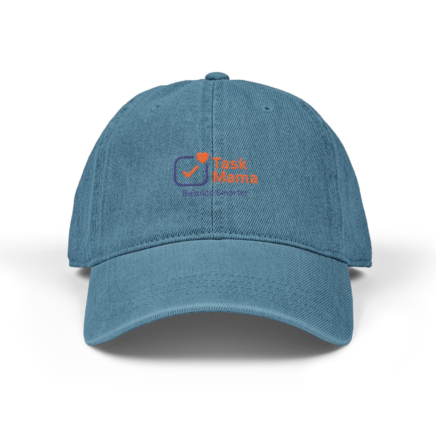 Blue cap with 'Task Mama' logo on a white background