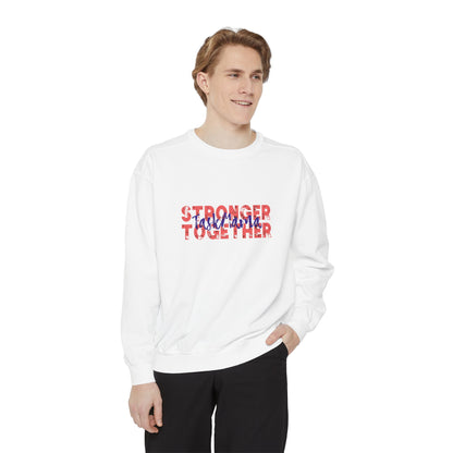 Person wearing a white sweatshirt with 'Stronger Together' text on a white background