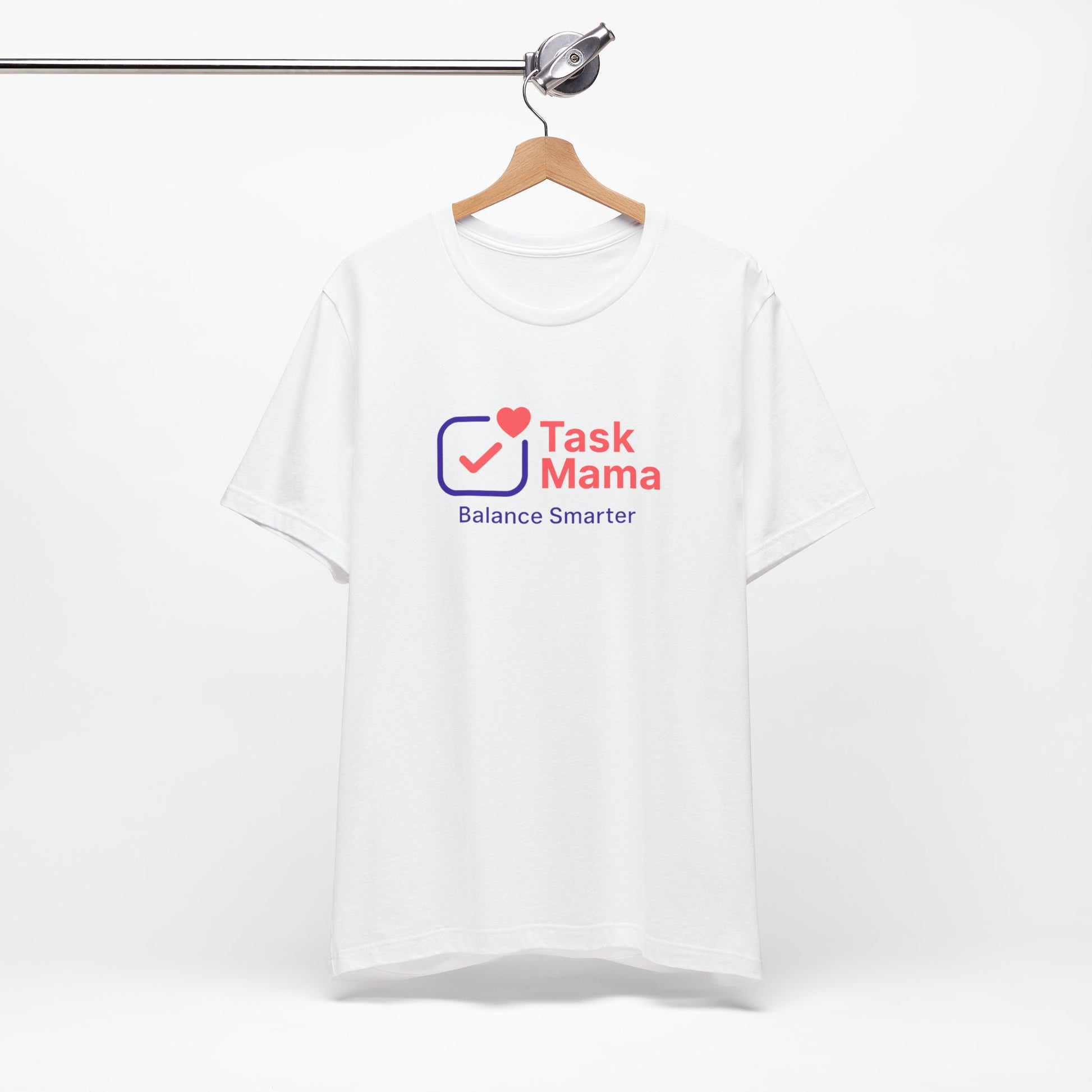 White t-shirt with 'Task Mama' logo on a hanger against a white background