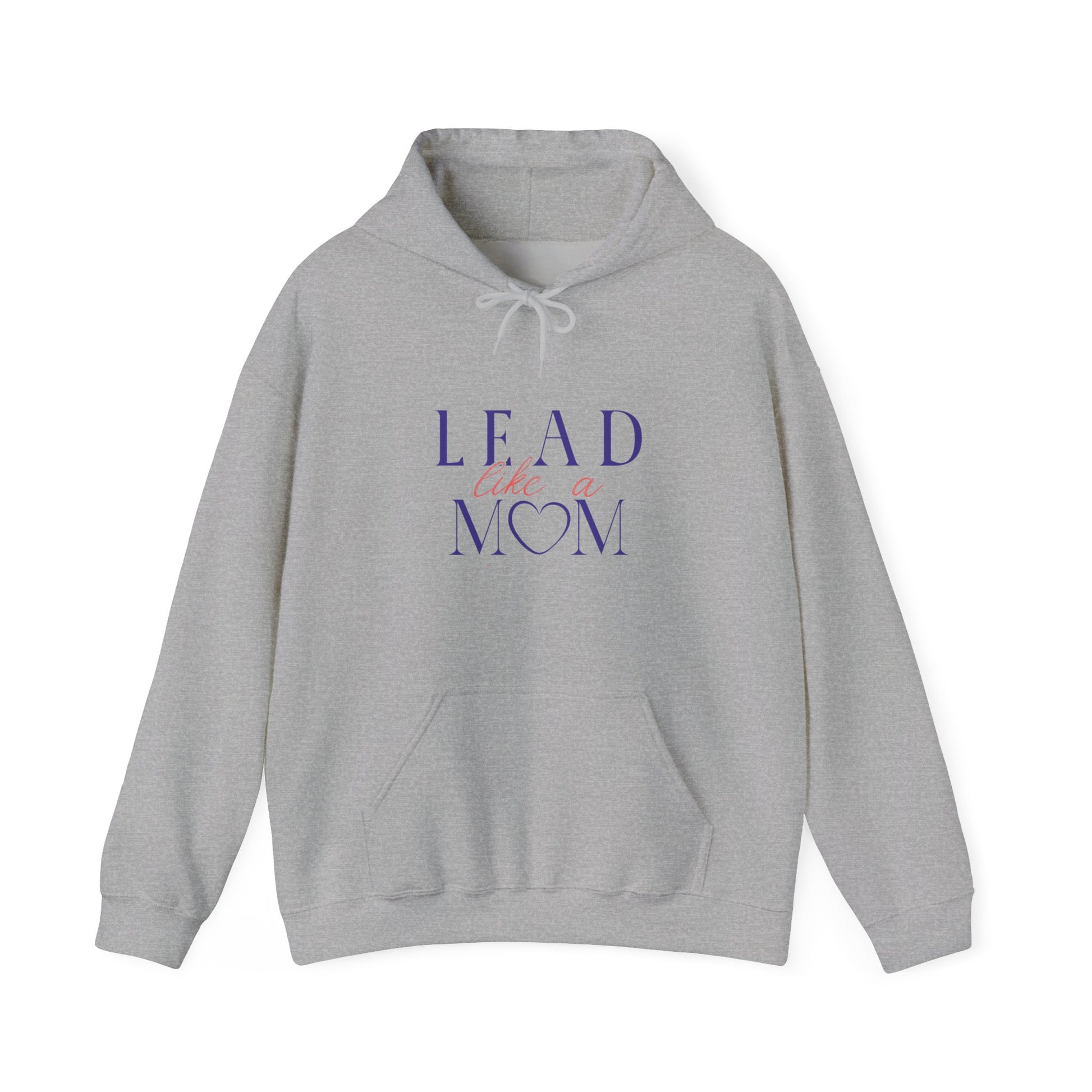 Gray hoodie with 'Lead Like a Mom' text on a white background