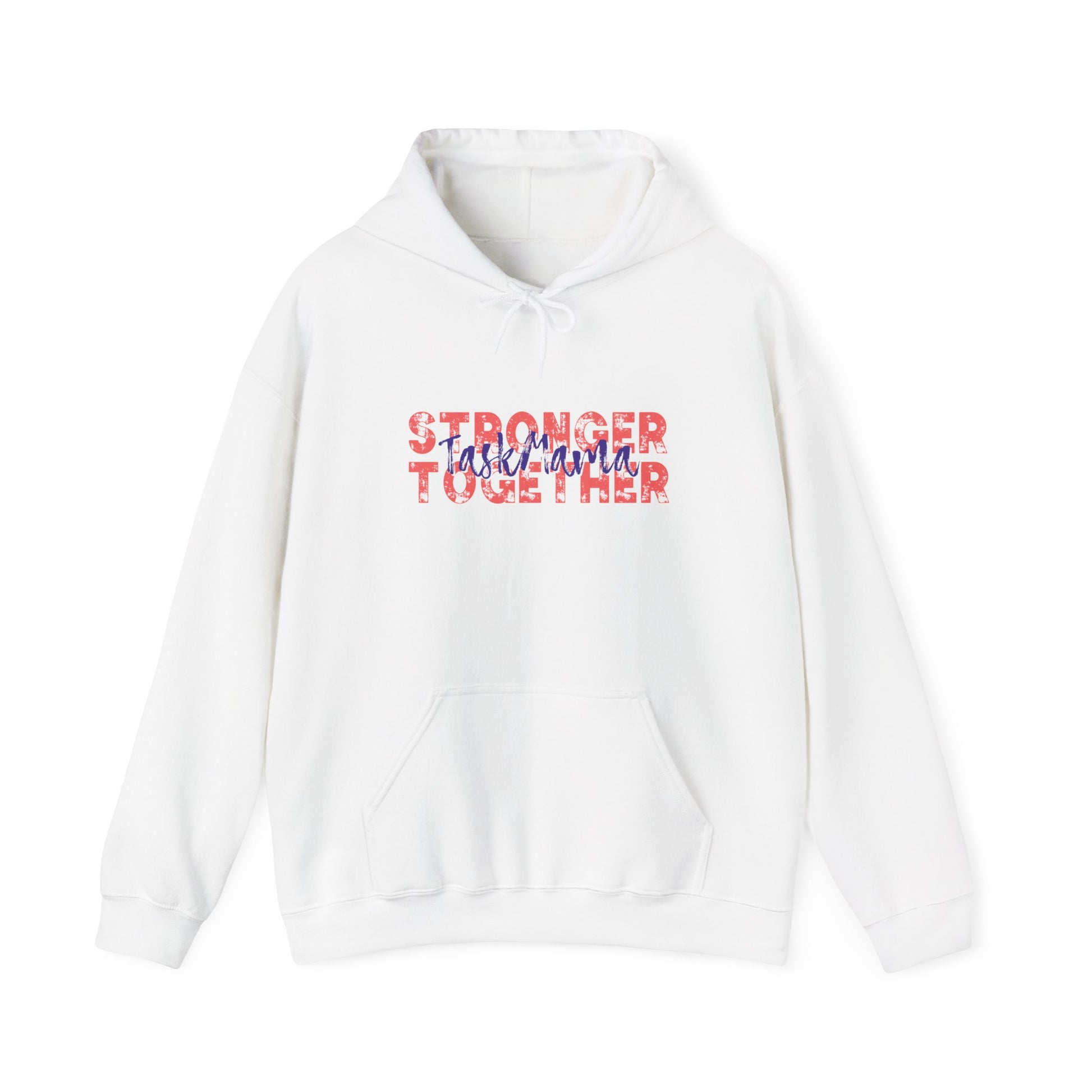 White hoodie with 'Stronger Together' text in red and blue on a white background