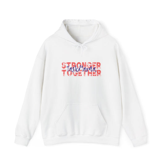 White hoodie with 'Stronger Together' text in red and blue on a white background