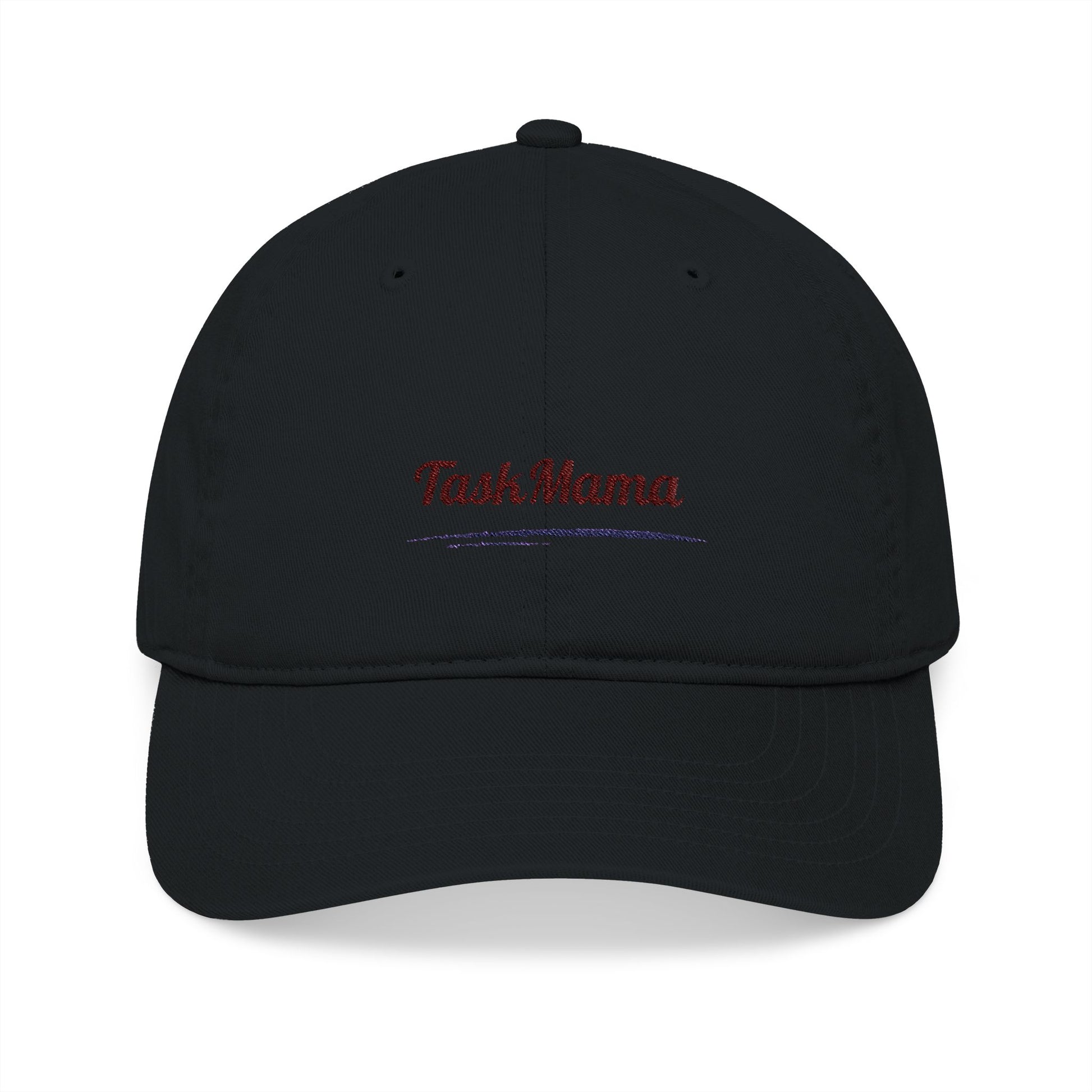 Black cap with red and blue text on a white background