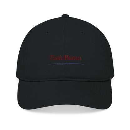 Black cap with red and blue text on a white background