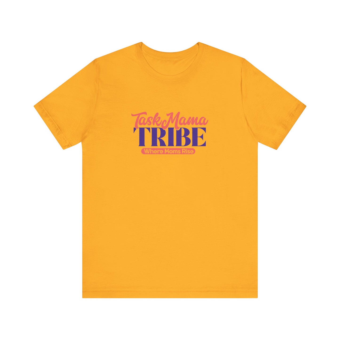 Yellow t-shirt with 'TaskMama TRIBE' text on a white background