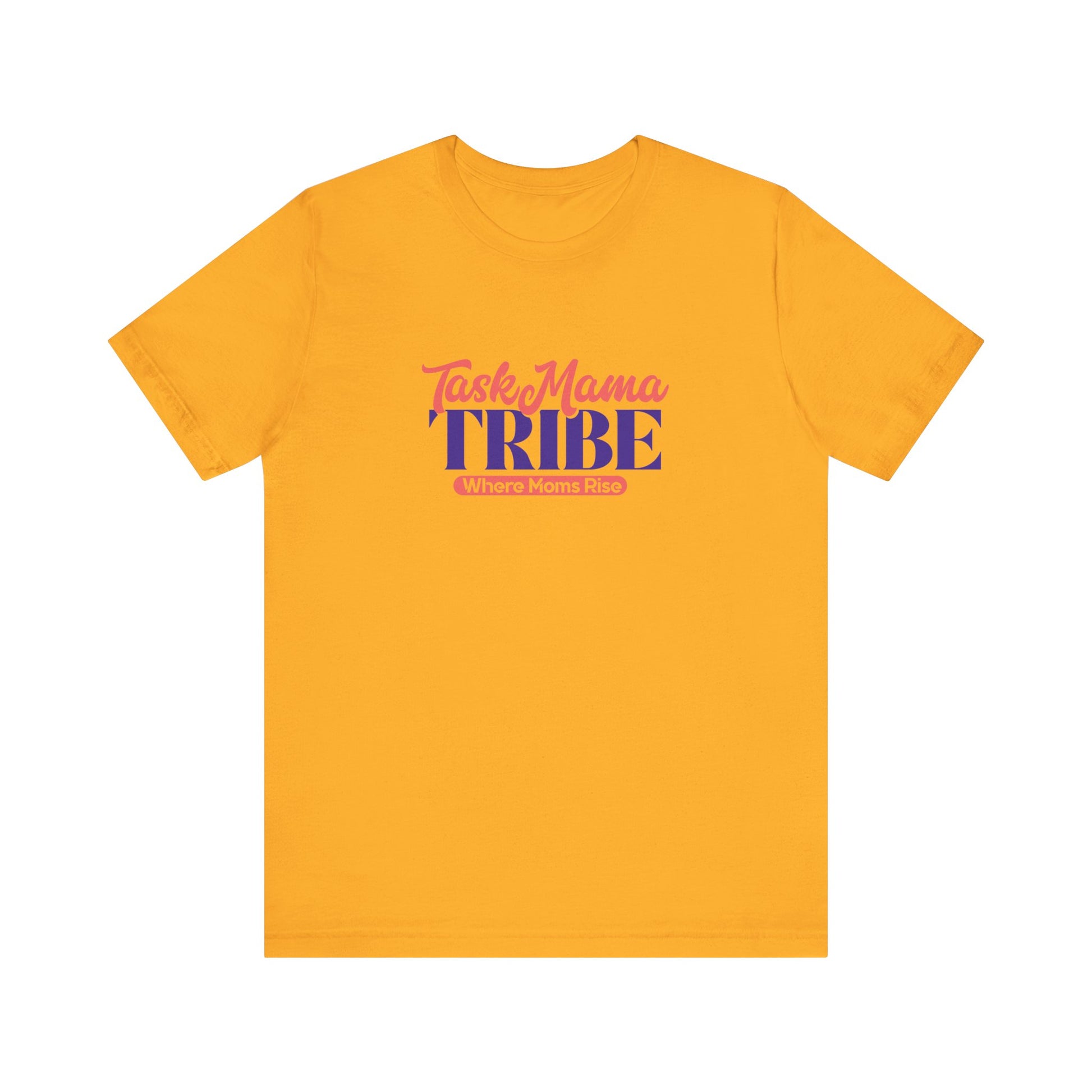 Yellow t-shirt with 'TaskMama TRIBE' text on a white background