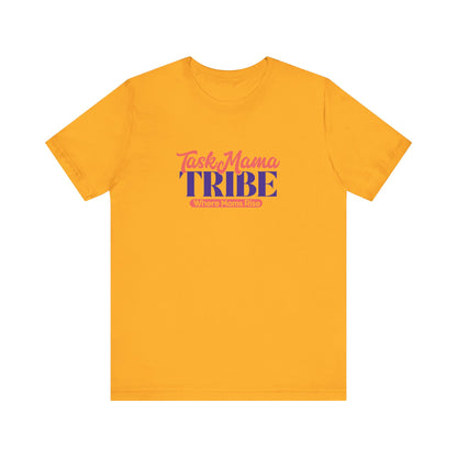 Yellow t-shirt with 'TaskMama TRIBE' text on a white background